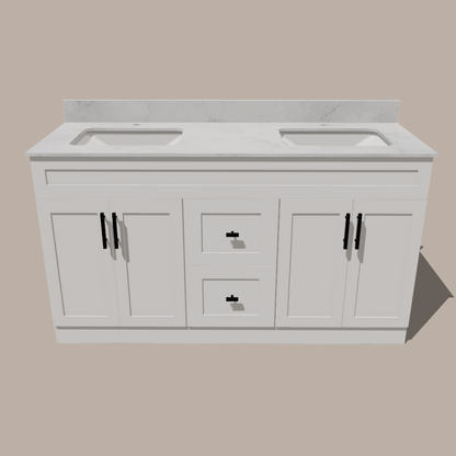 72-Inch Double Sink Shaker Bathroom Vanity — White or Gray | Plywood Cabinet, Solid-Wood Doors, Soft-Close 3-Way Clip-On Hinges | Center 2 Drawers