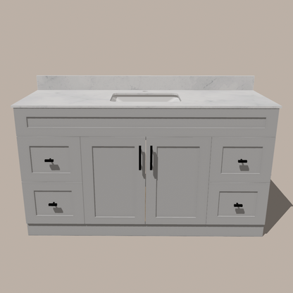 60-Inch Single Sink Shaker Bathroom Vanity — White or Gray | Plywood Cabinet, Solid-Wood Doors, Soft-Close 3-Way Clip-On Hinges | 4 Drawers, Center Double Doors