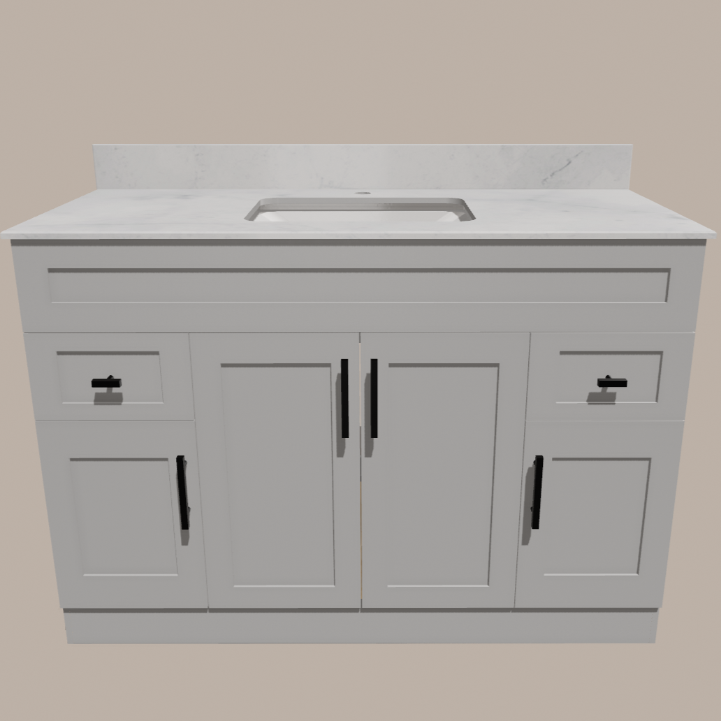 48-Inch Shaker Bathroom Vanity — White or Gray | Plywood Cabinet, Solid-Wood Doors, Soft-Close 3-Way Clip-On Hinges