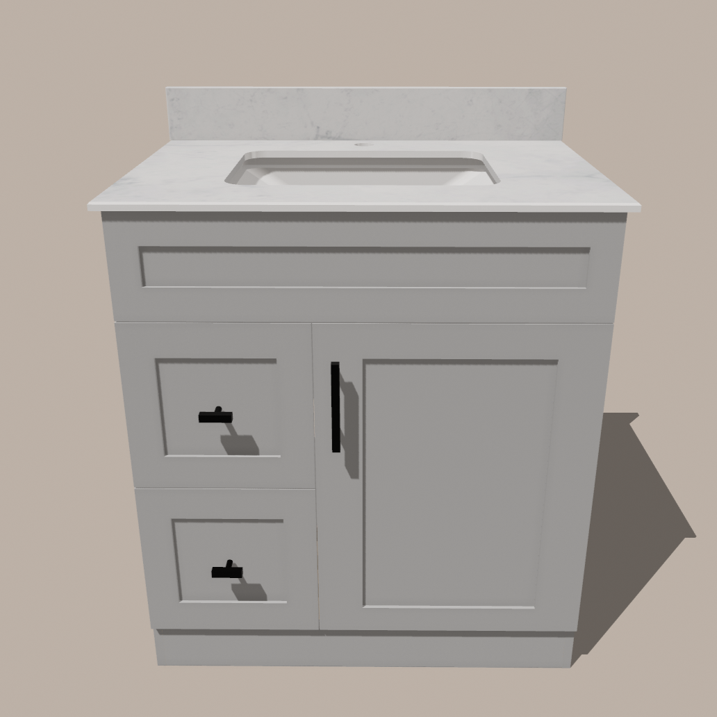 30-Inch Shaker Bathroom Vanity with Drawers — Left or Right | White or Gray | Plywood Cabinet, Solid-Wood Door, Soft-Close 3-Way Clip-On Hinges