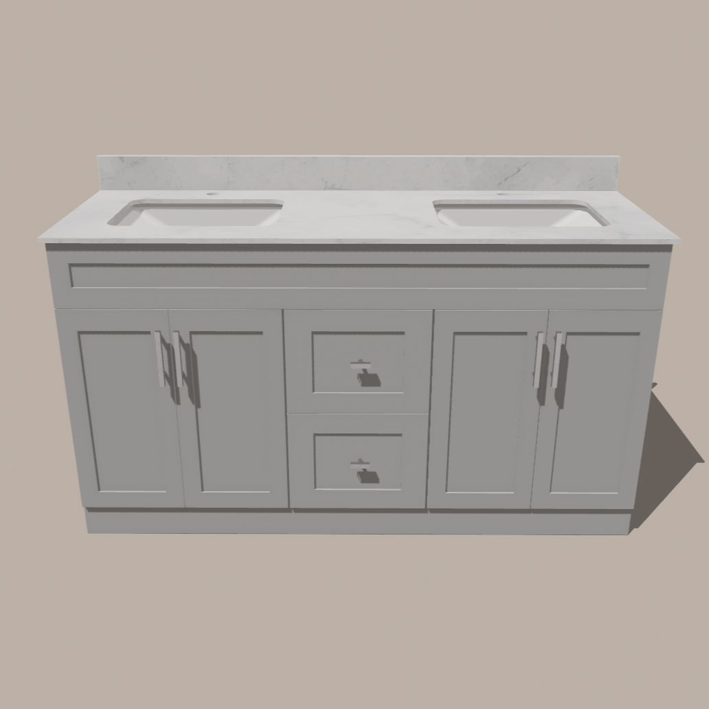 72-Inch Double Sink Shaker Bathroom Vanity — White or Gray | Plywood Cabinet, Solid-Wood Doors, Soft-Close 3-Way Clip-On Hinges | Center 2 Drawers
