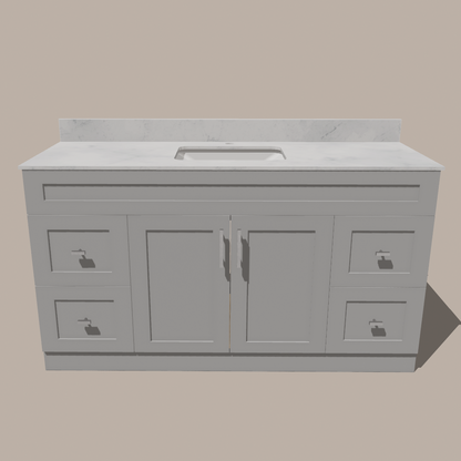60-Inch Single Sink Shaker Bathroom Vanity — White or Gray | Plywood Cabinet, Solid-Wood Doors, Soft-Close 3-Way Clip-On Hinges | 4 Drawers, Center Double Doors