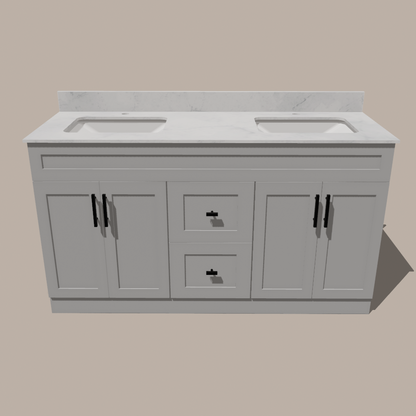 72-Inch Double Sink Shaker Bathroom Vanity — White or Gray | Plywood Cabinet, Solid-Wood Doors, Soft-Close 3-Way Clip-On Hinges | Center 2 Drawers