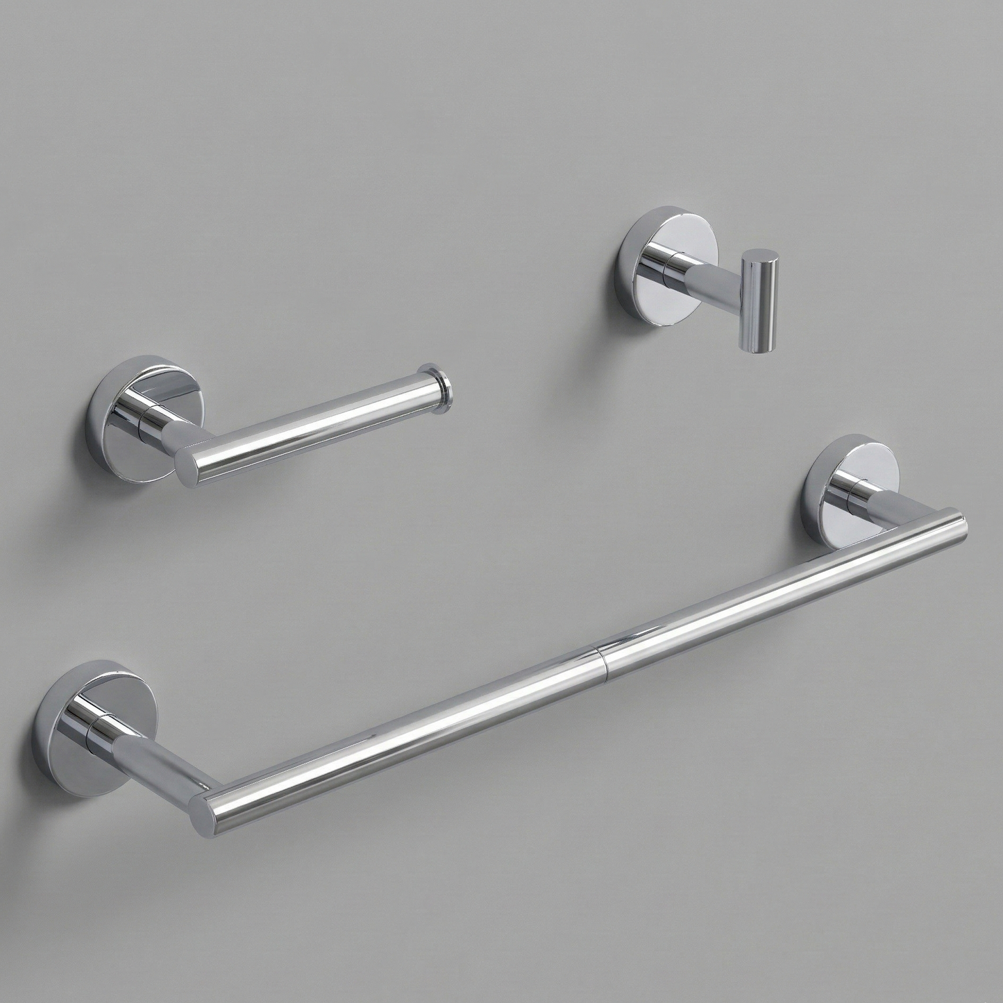 A luxurious, three-piece modern bathroom hardware set in a chrome finish, featuring a sleek 24-inch round towel bar, an anti-spin single-post toilet paper holder, and a minimalist cylindrical robe hook floating against a soft, neutral beige background.