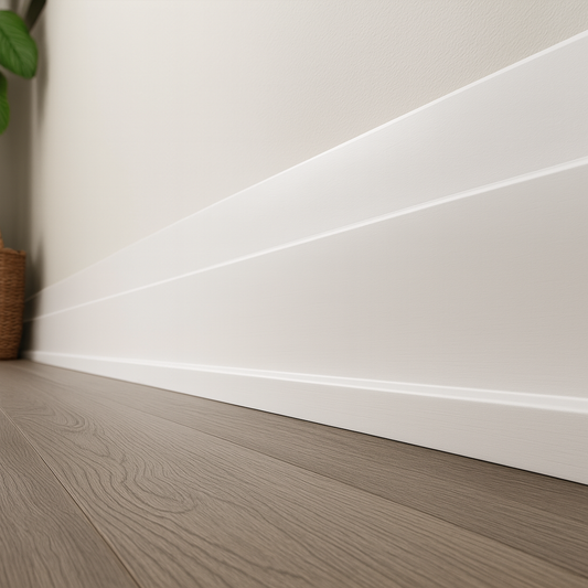 Primed Paulownia Step Bevel Shoe Doorstop — 1-1/4 in & 1-3/4 in Widths | 7′, 10′, 12′ Lengths | Paint-Ready, Lightweight Hardwood Stop Moulding