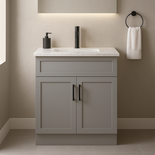 30-Inch Shaker Bathroom Vanity — White or Gray | Plywood Cabinet, Solid-Wood Doors, Soft-Close 3-Way Clip-On Hinges, Natural Wood Interior