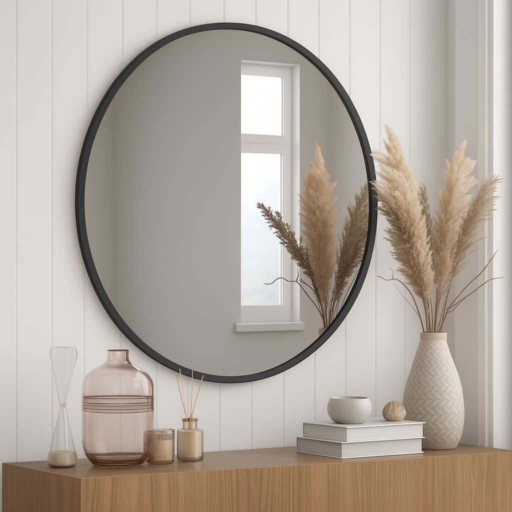Ondelle round bathroom mirror with slim curved-profile metal frame