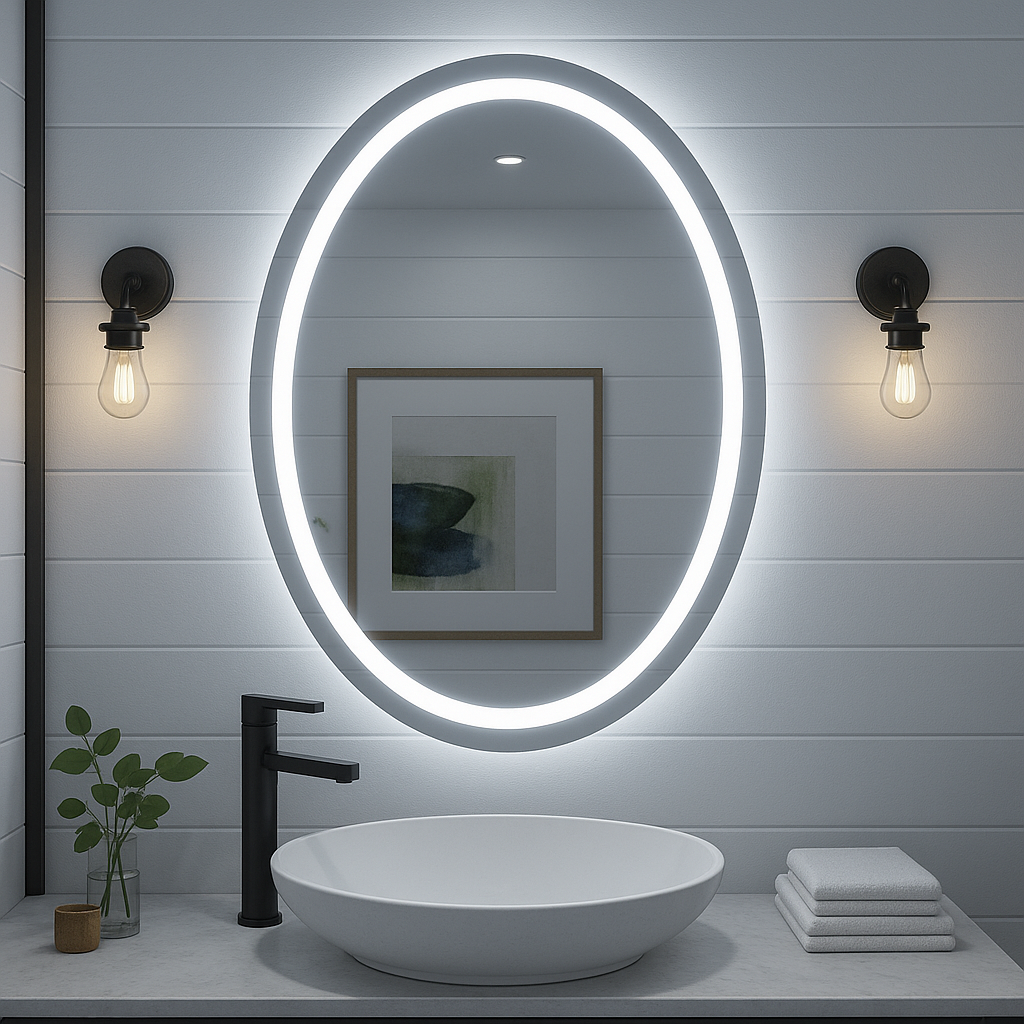 Ondelle true oval dual-lit LED bathroom mirror with frosted front ring and backlit halo