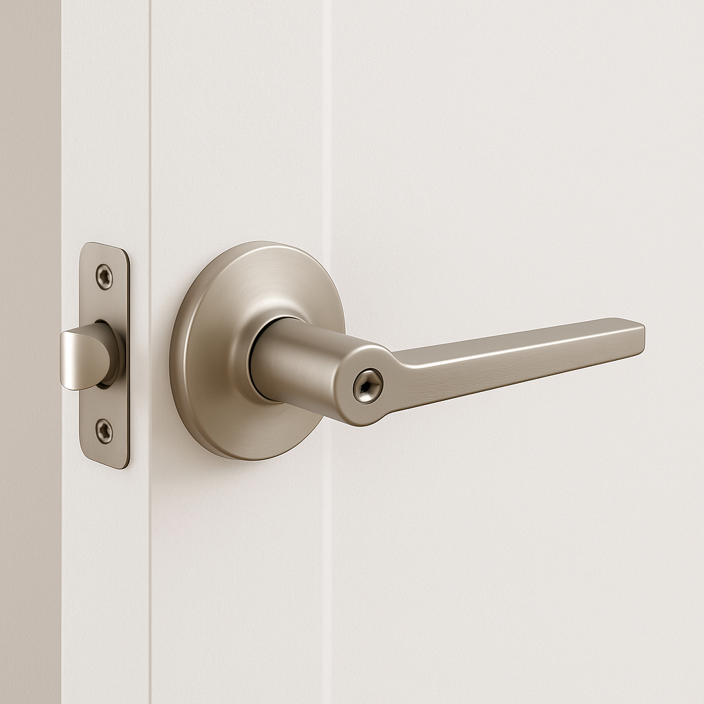 Vellum Hardware Vertex solid-core door lever shown in matte black and satin nickel finishes