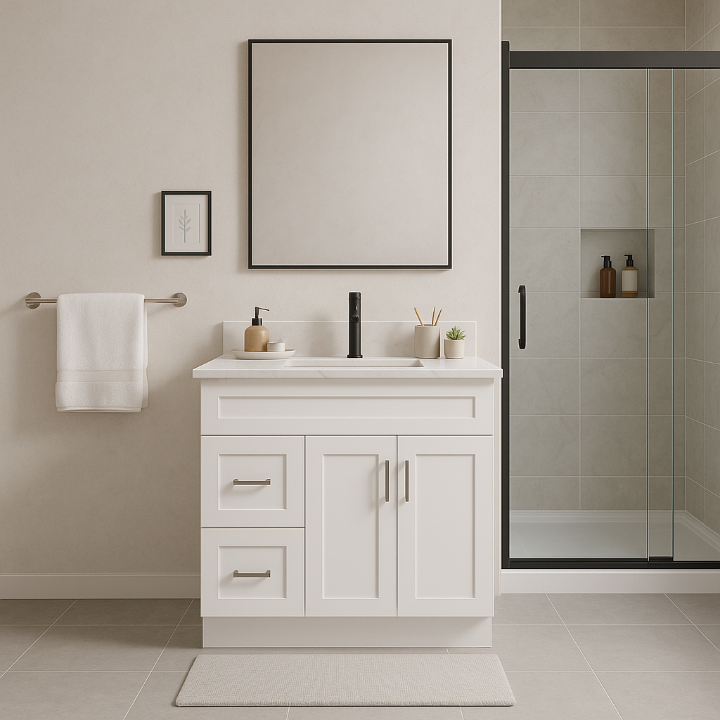 42-Inch Shaker Bathroom Vanity with Left/Right Drawers — White or Gray | Plywood Cabinet, Solid-Wood Door, Soft-Close 3-Way Clip-On Hinges