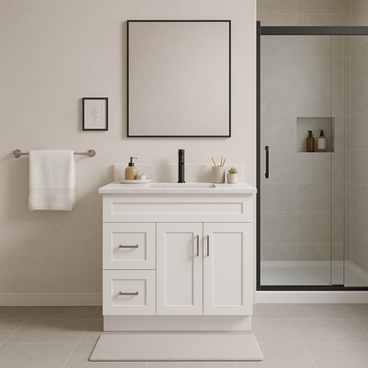 42-Inch Shaker Bathroom Vanity with Left/Right Drawers — White or Gray | Plywood Cabinet, Solid-Wood Door, Soft-Close 3-Way Clip-On Hinges