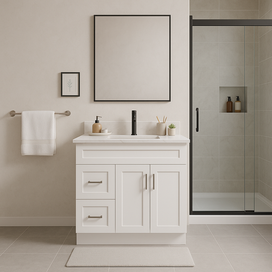 42-Inch Shaker Bathroom Vanity with Left/Right Drawers — White or Gray | Plywood Cabinet, Solid-Wood Door, Soft-Close 3-Way Clip-On Hinges