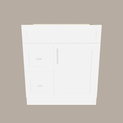 30-Inch Shaker Bathroom Vanity with Drawers — Left or Right | White or Gray | Plywood Cabinet, Solid-Wood Door, Soft-Close 3-Way Clip-On Hinges