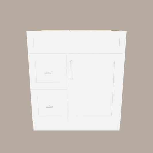 30-Inch Shaker Bathroom Vanity with Drawers — Left or Right | White or Gray | Plywood Cabinet, Solid-Wood Door, Soft-Close 3-Way Clip-On Hinges