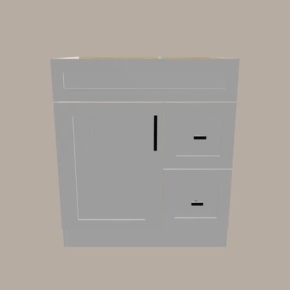 30-Inch Shaker Bathroom Vanity with Drawers — Left or Right | White or Gray | Plywood Cabinet, Solid-Wood Door, Soft-Close 3-Way Clip-On Hinges