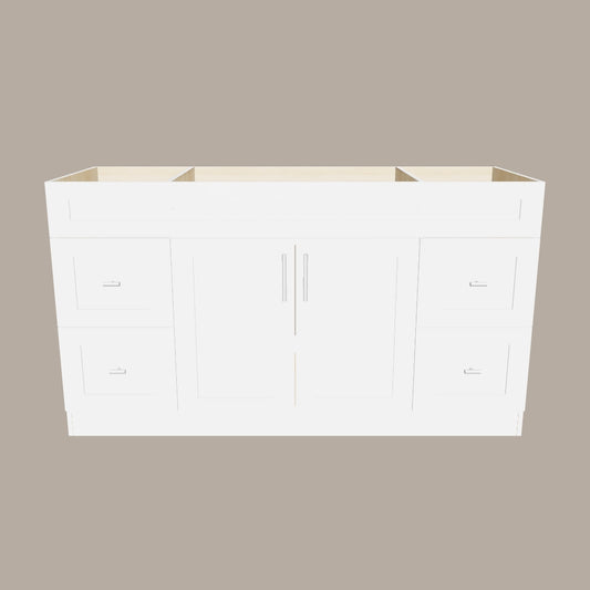 60-Inch Single Sink Shaker Bathroom Vanity — White or Gray | Plywood Cabinet, Solid-Wood Doors, Soft-Close 3-Way Clip-On Hinges | 4 Drawers, Center Double Doors