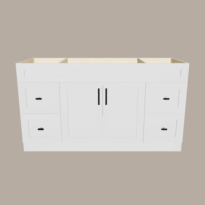 60-Inch Single Sink Shaker Bathroom Vanity — White or Gray | Plywood Cabinet, Solid-Wood Doors, Soft-Close 3-Way Clip-On Hinges | 4 Drawers, Center Double Doors