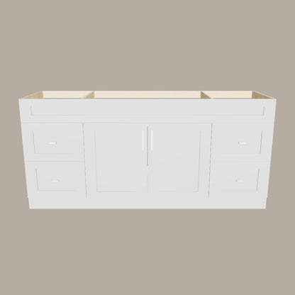 72-Inch Single Sink Shaker Bathroom Vanity — White or Gray | Plywood Cabinet, Solid-Wood Doors, Soft-Close 3-Way Clip-On Hinges | 4 Drawers, Center Double Doors