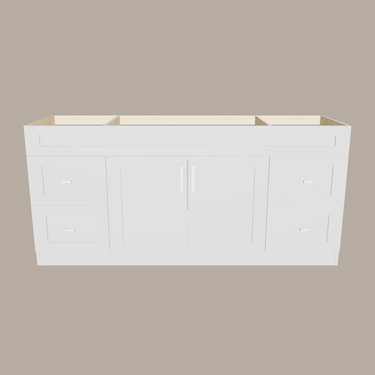 72-Inch Single Sink Shaker Bathroom Vanity — White or Gray | Plywood Cabinet, Solid-Wood Doors, Soft-Close 3-Way Clip-On Hinges | 4 Drawers, Center Double Doors