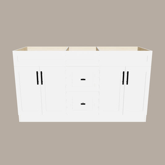 60-Inch Double Sink Shaker Bathroom Vanity — White or Gray | Plywood Cabinet, Solid-Wood Doors, Soft-Close 3-Way Clip-On Hinges | Center Drawers