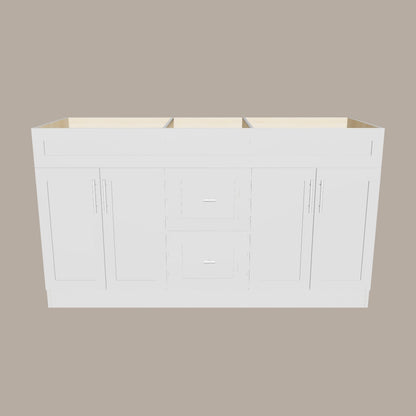 60-Inch Double Sink Shaker Bathroom Vanity — White or Gray | Plywood Cabinet, Solid-Wood Doors, Soft-Close 3-Way Clip-On Hinges | Center Drawers