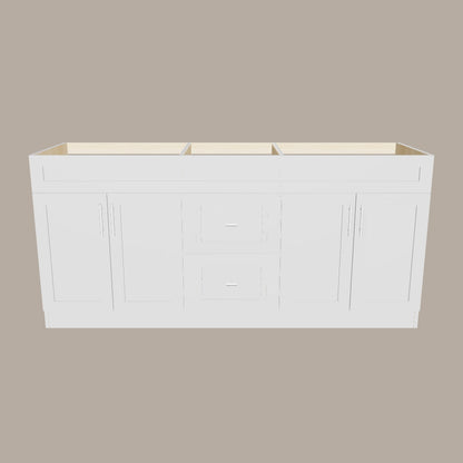 72-Inch Double Sink Shaker Bathroom Vanity — White or Gray | Plywood Cabinet, Solid-Wood Doors, Soft-Close 3-Way Clip-On Hinges | Center 2 Drawers