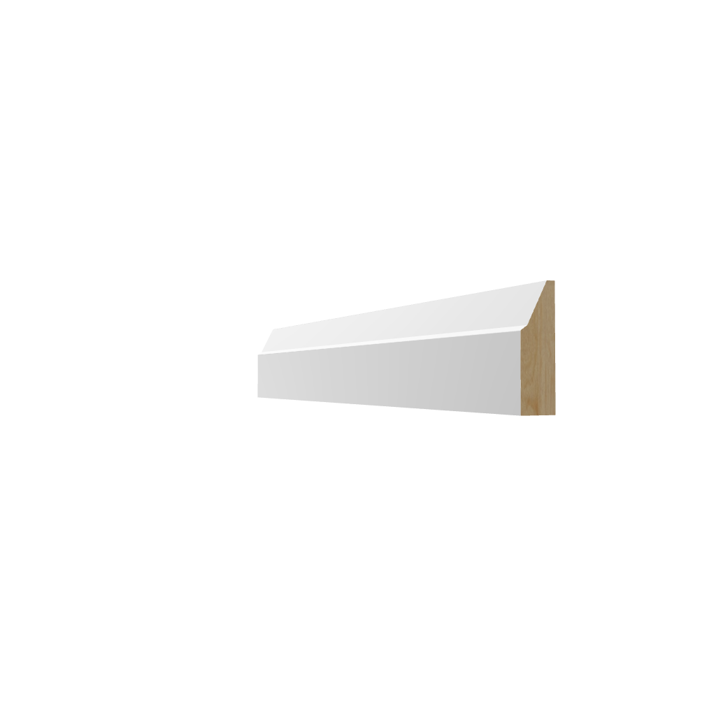 White Primed Variant: A precise 3D architectural rendering of a white-primed step bevel moulding, showcasing its sharp geometric profile and an exposed natural pine wood end-grain, set against a minimalist taupe background.