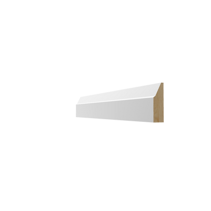White Primed Variant: A precise 3D architectural rendering of a white-primed step bevel moulding, showcasing its sharp geometric profile and an exposed natural pine wood end-grain, set against a minimalist taupe background.