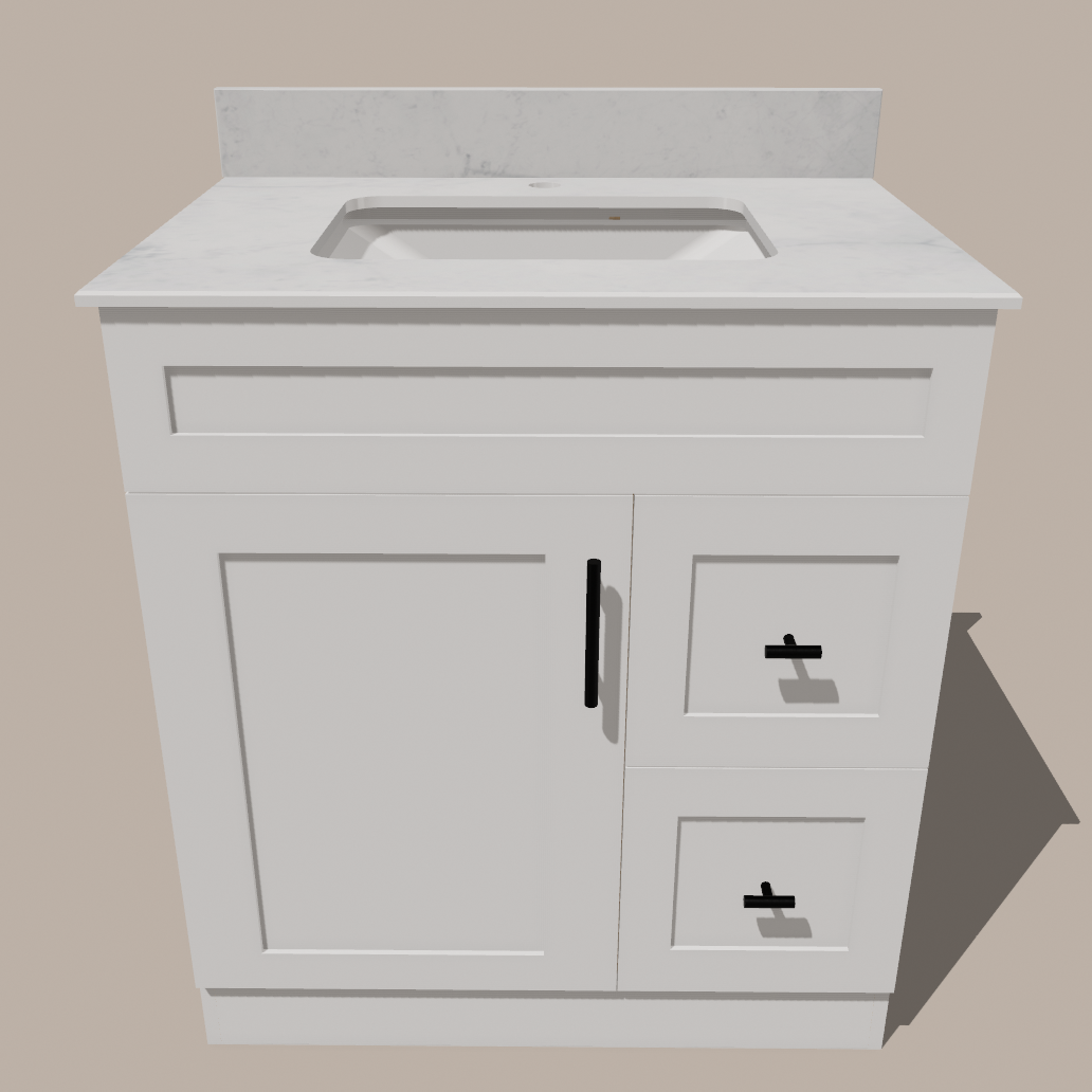 30-Inch Shaker Bathroom Vanity with Drawers — Left or Right | White or Gray | Plywood Cabinet, Solid-Wood Door, Soft-Close 3-Way Clip-On Hinges