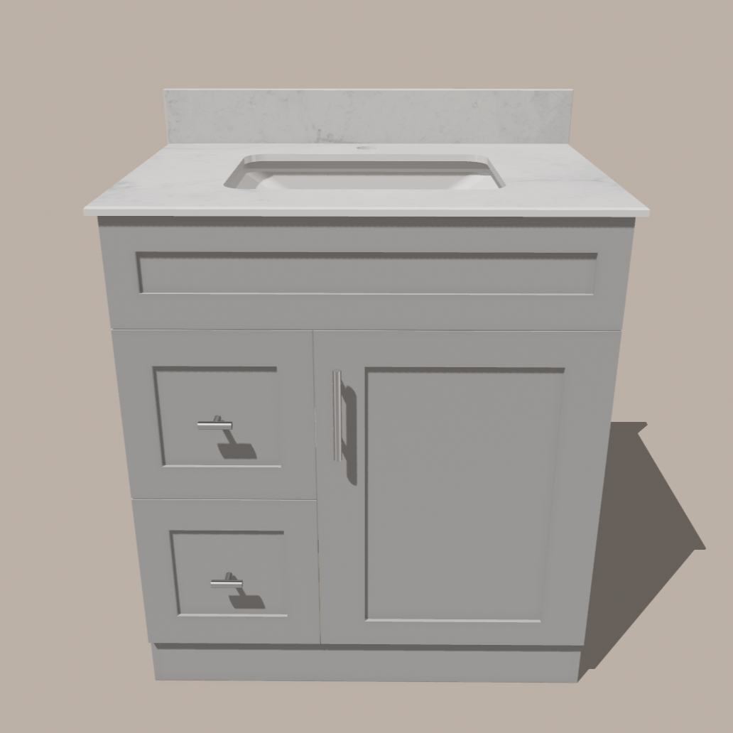 30-Inch Shaker Bathroom Vanity with Drawers — Left or Right | White or Gray | Plywood Cabinet, Solid-Wood Door, Soft-Close 3-Way Clip-On Hinges