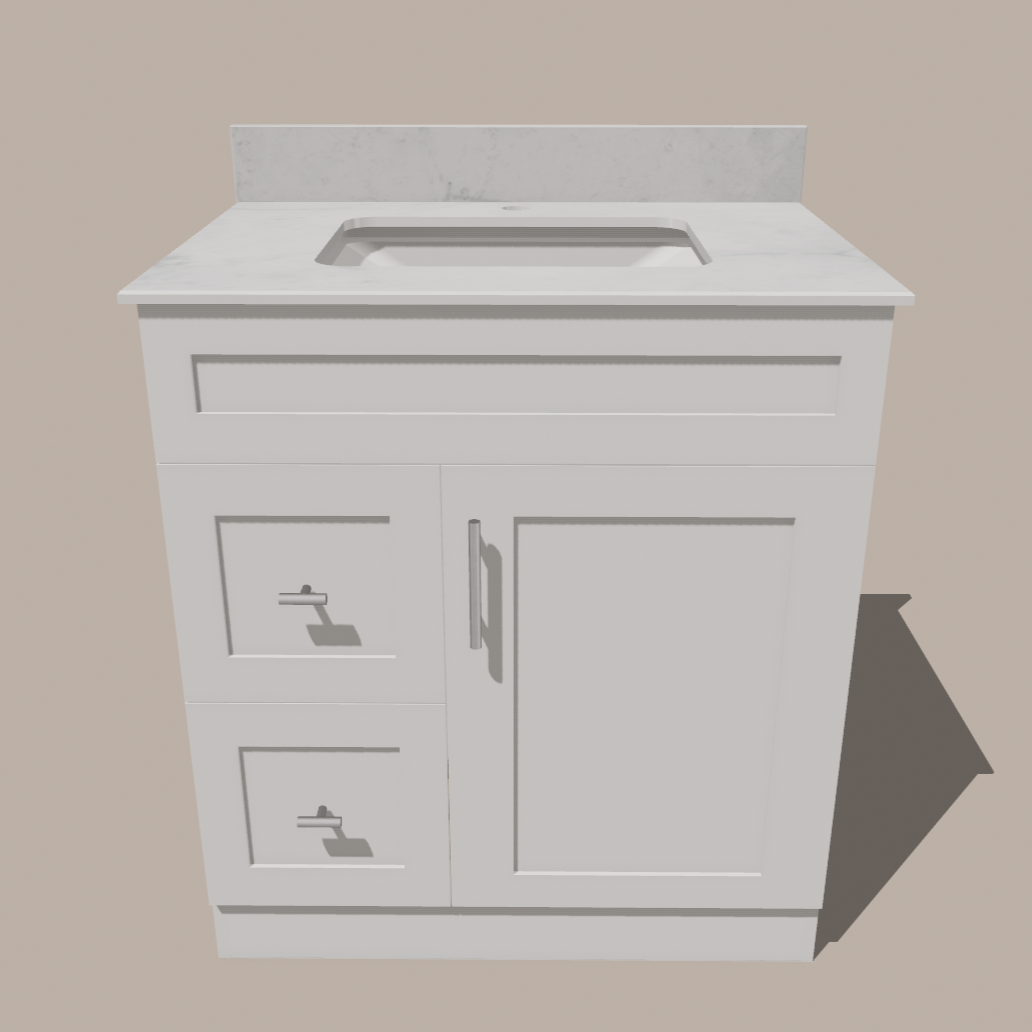 30-Inch Shaker Bathroom Vanity with Drawers — Left or Right | White or Gray | Plywood Cabinet, Solid-Wood Door, Soft-Close 3-Way Clip-On Hinges
