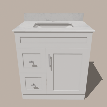 30-Inch Shaker Bathroom Vanity with Drawers — Left or Right | White or Gray | Plywood Cabinet, Solid-Wood Door, Soft-Close 3-Way Clip-On Hinges