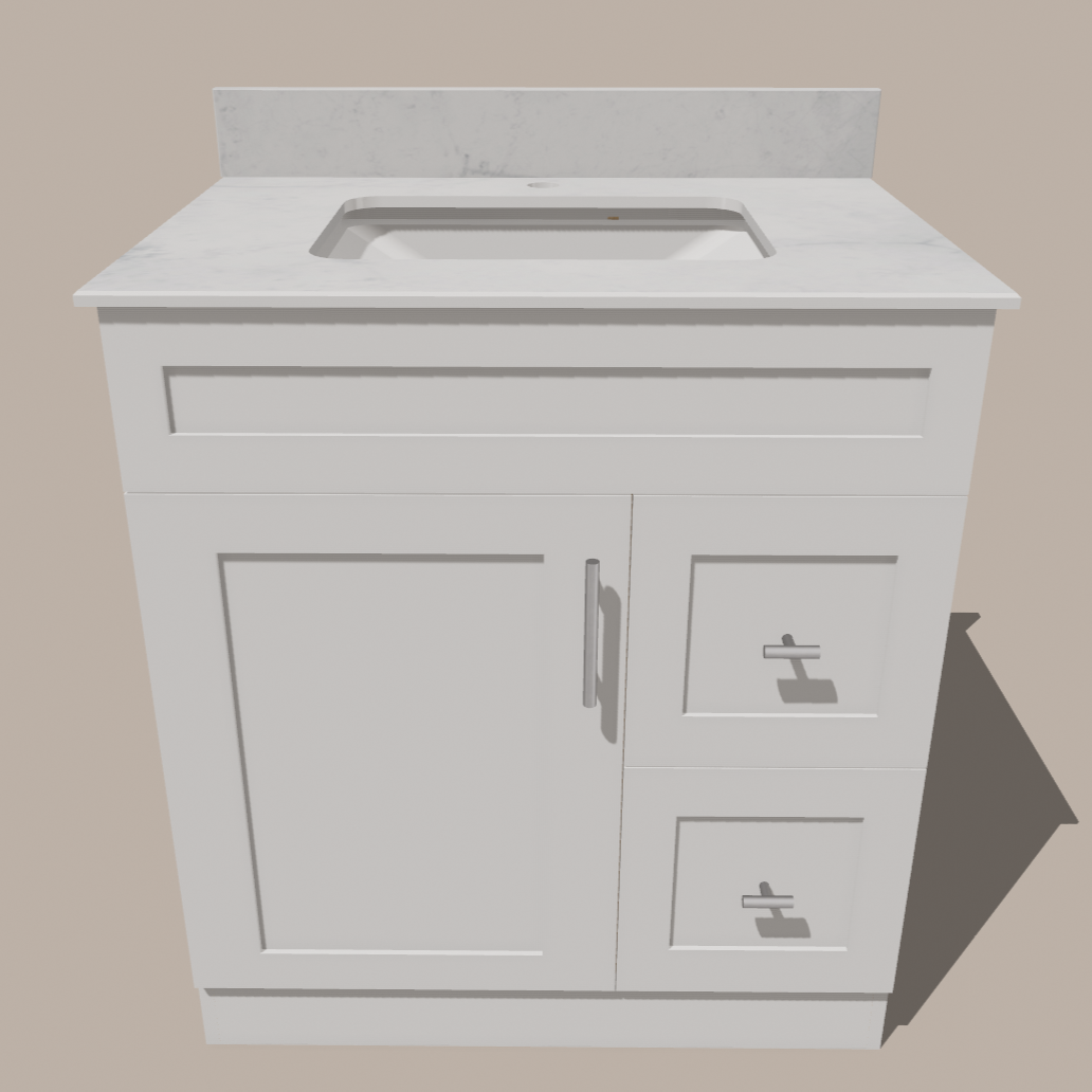 30-Inch Shaker Bathroom Vanity with Drawers — Left or Right | White or Gray | Plywood Cabinet, Solid-Wood Door, Soft-Close 3-Way Clip-On Hinges
