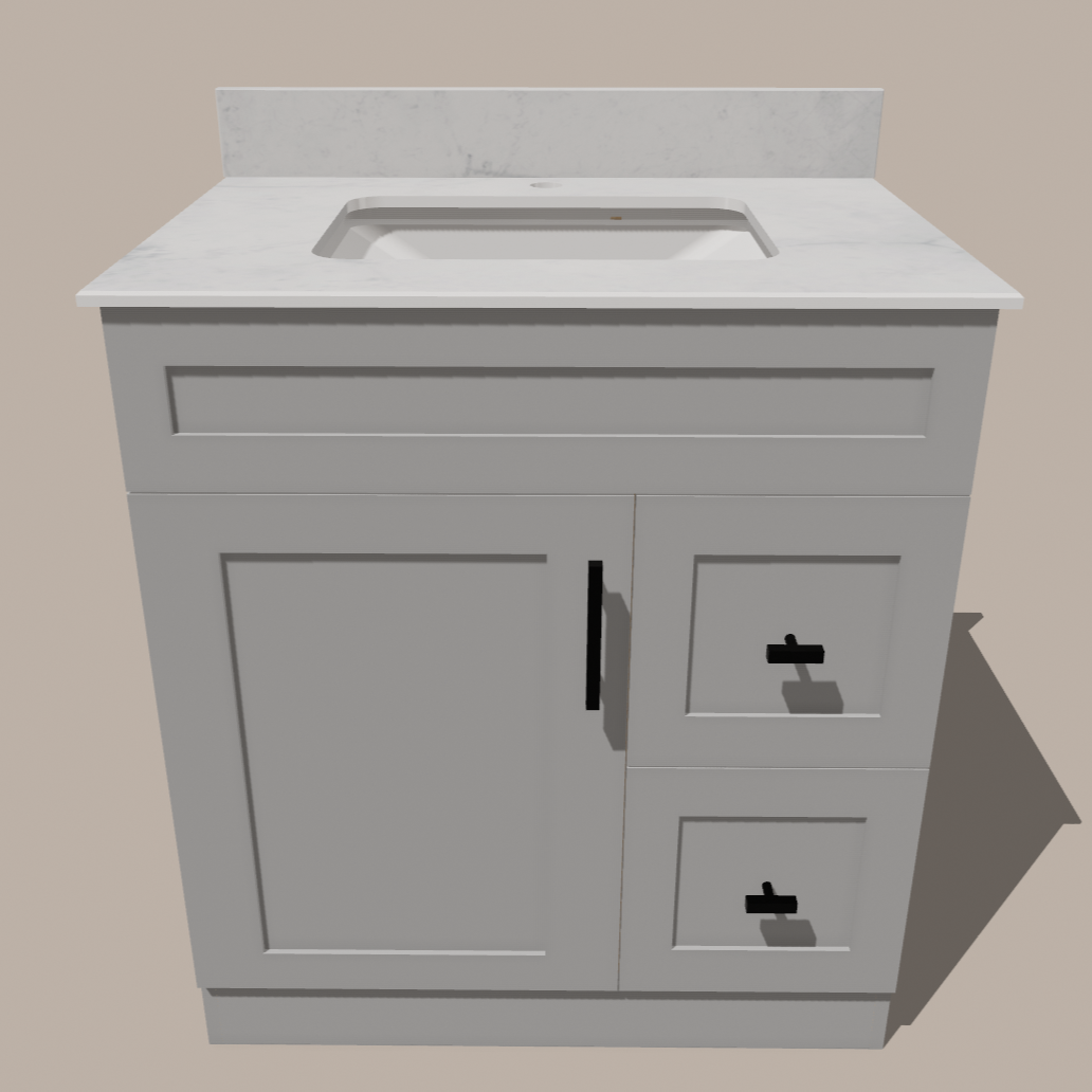 30-Inch Shaker Bathroom Vanity with Drawers — Left or Right | White or Gray | Plywood Cabinet, Solid-Wood Door, Soft-Close 3-Way Clip-On Hinges