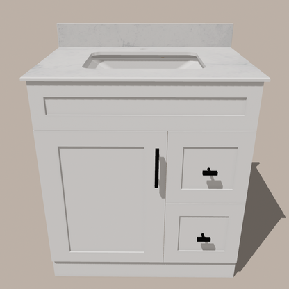 30-Inch Shaker Bathroom Vanity with Drawers — Left or Right | White or Gray | Plywood Cabinet, Solid-Wood Door, Soft-Close 3-Way Clip-On Hinges
