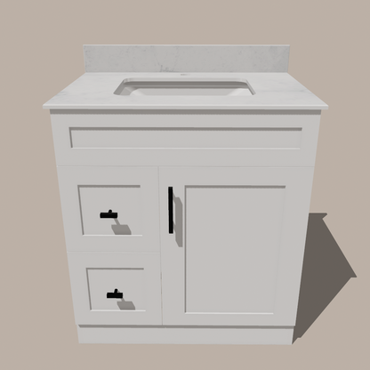 30-Inch Shaker Bathroom Vanity with Drawers — Left or Right | White or Gray | Plywood Cabinet, Solid-Wood Door, Soft-Close 3-Way Clip-On Hinges