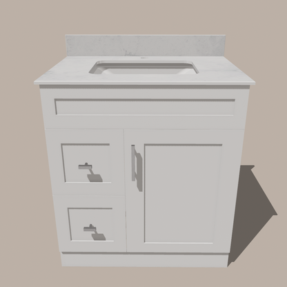 30-Inch Shaker Bathroom Vanity with Drawers — Left or Right | White or Gray | Plywood Cabinet, Solid-Wood Door, Soft-Close 3-Way Clip-On Hinges